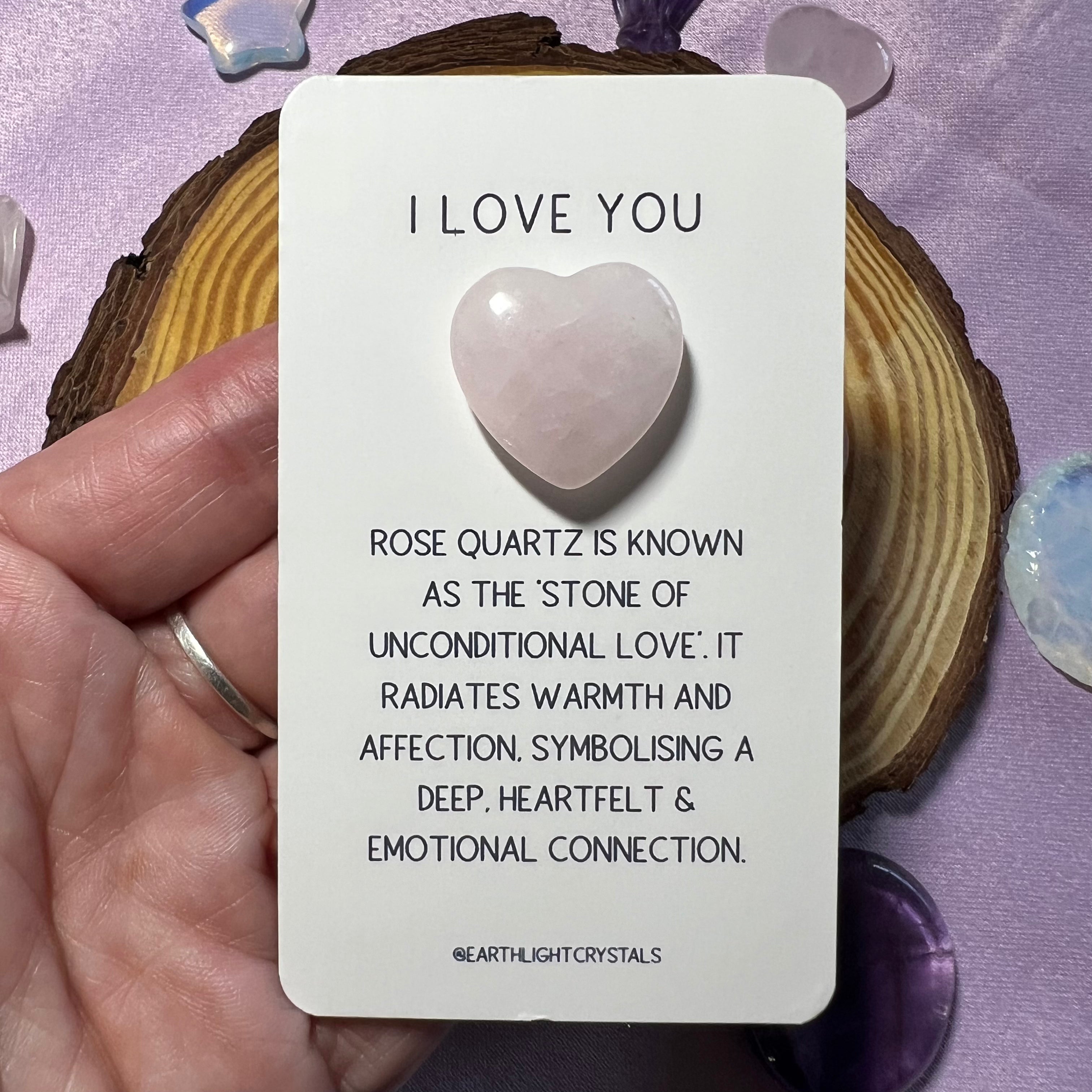 Rose Quartz Crystal Heart - 'I Love You' Keepsake Card