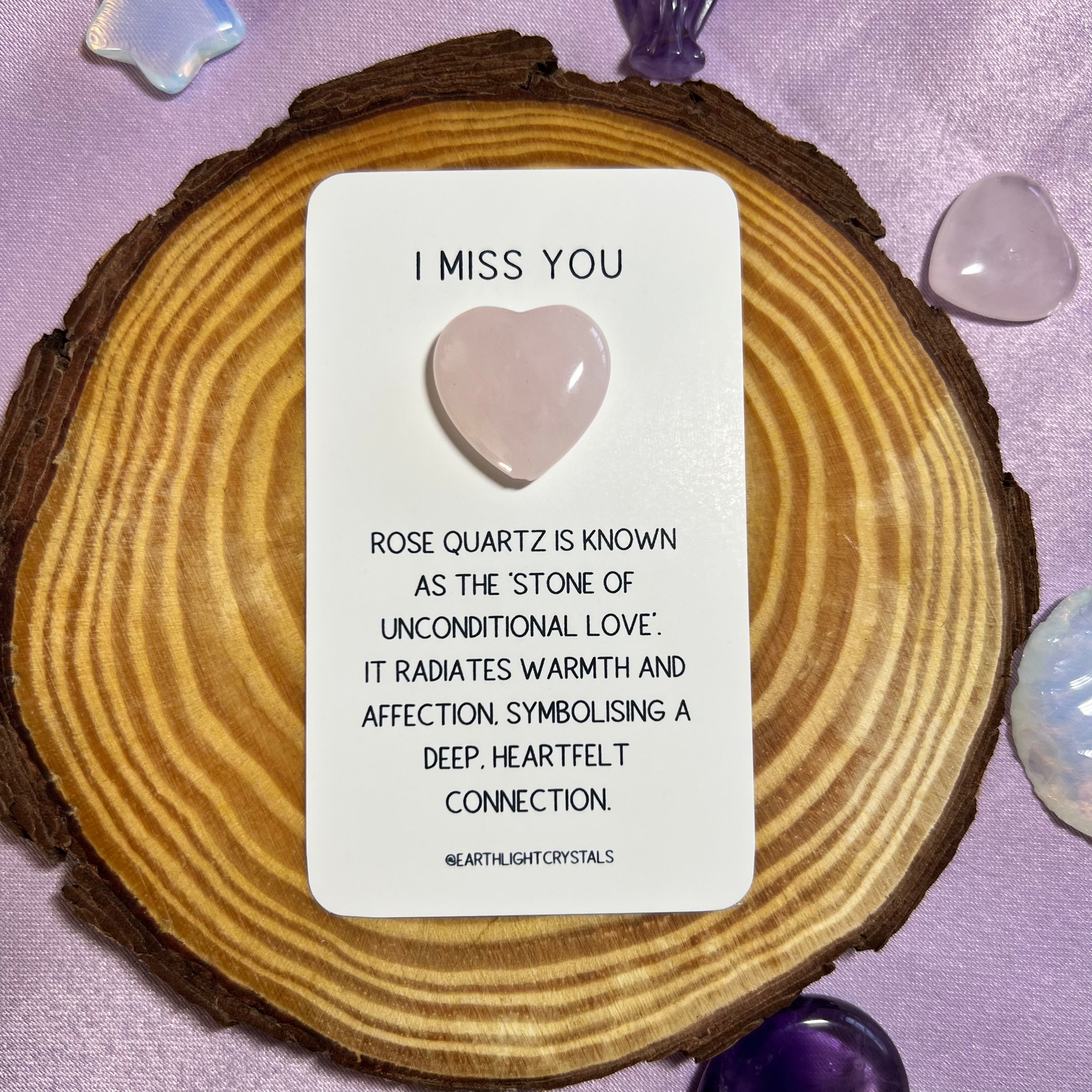 Rose Quartz Crystal Heart Keepsake 'I Miss You' Card