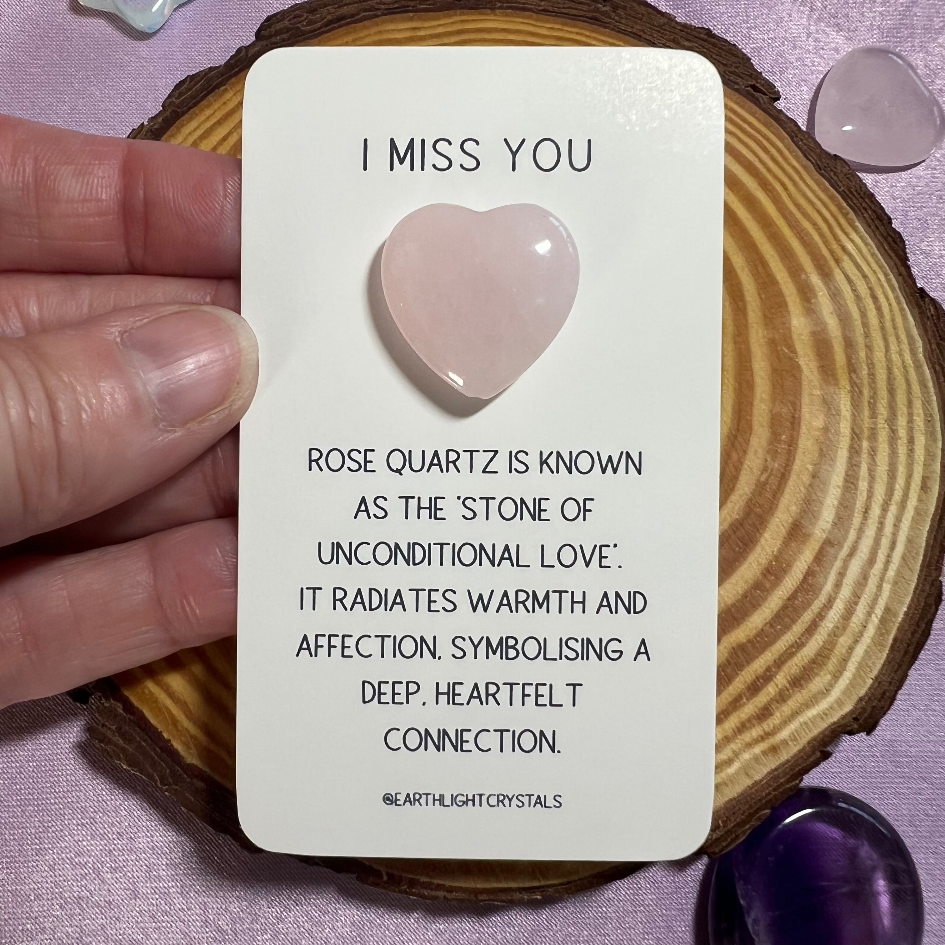Rose Quartz Crystal Heart Keepsake 'I Miss You' Card