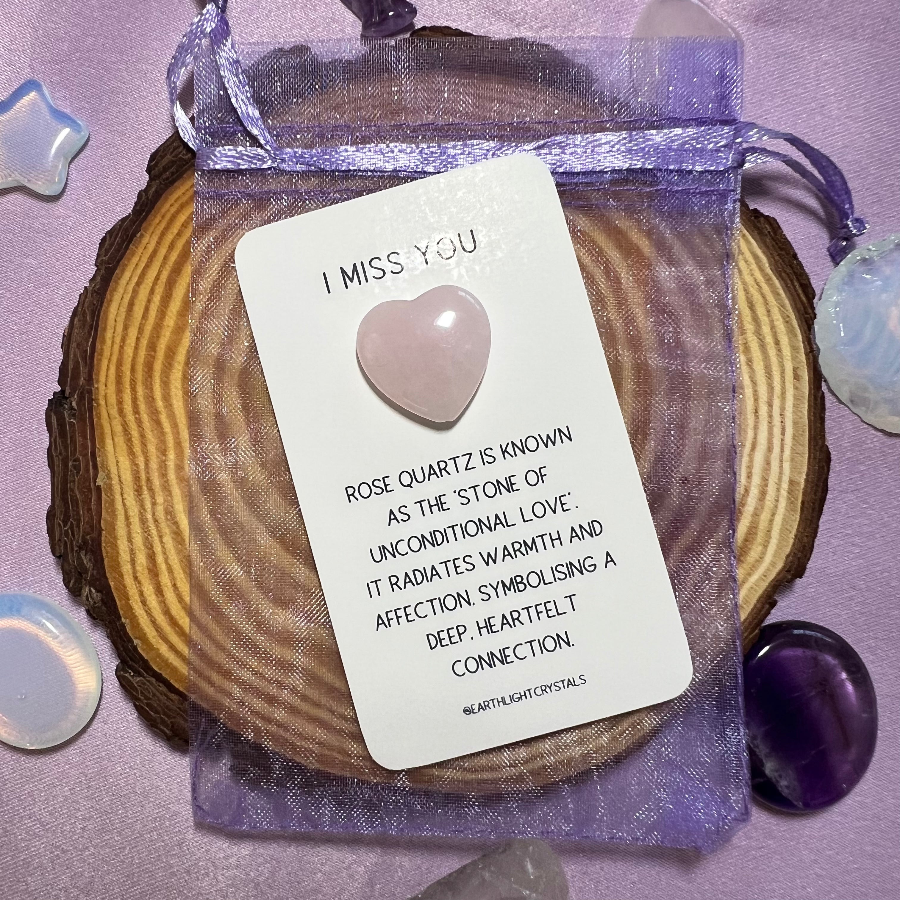 Rose Quartz Crystal Heart Keepsake 'I Miss You' Card
