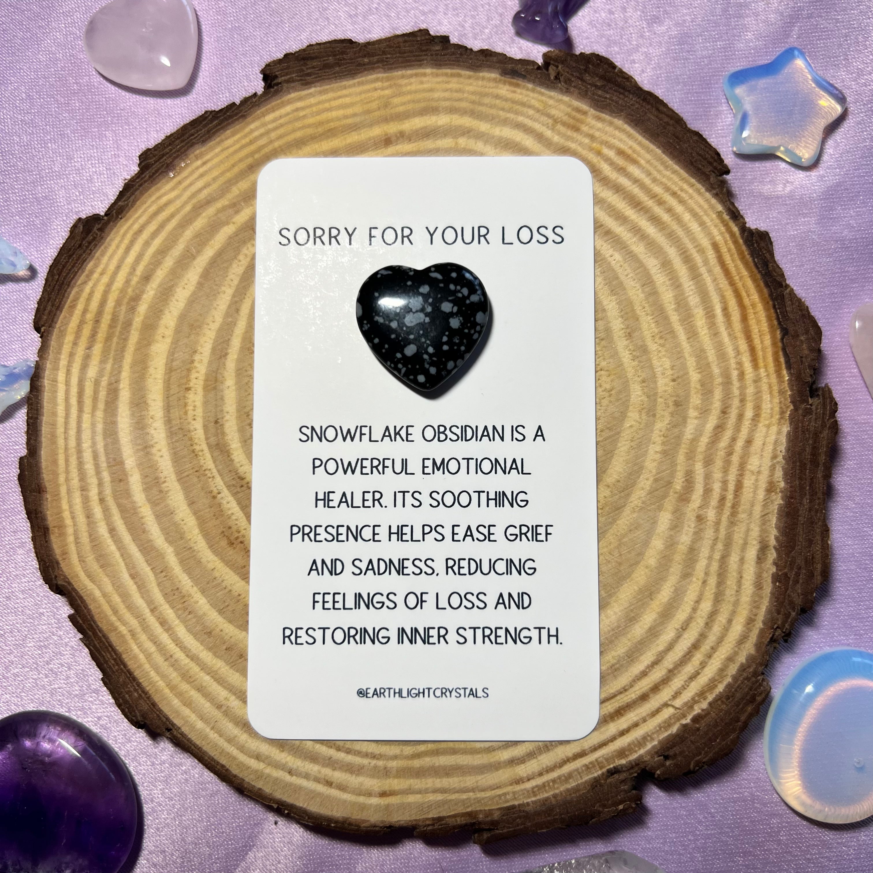 Snowflake Obsidian Crystal Heart Grief & Loss Keepsake Card