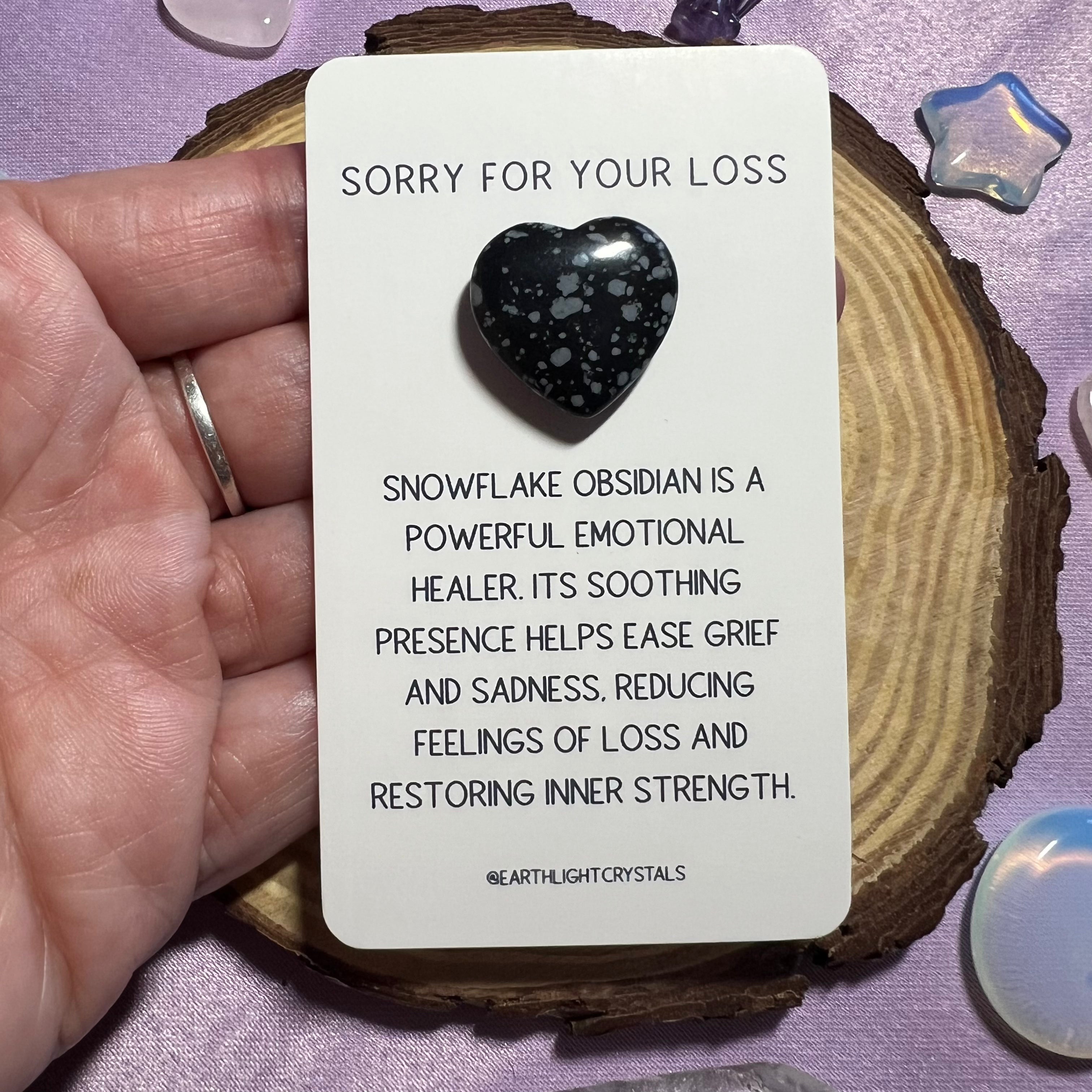 Snowflake Obsidian Crystal Heart Grief & Loss Keepsake Card