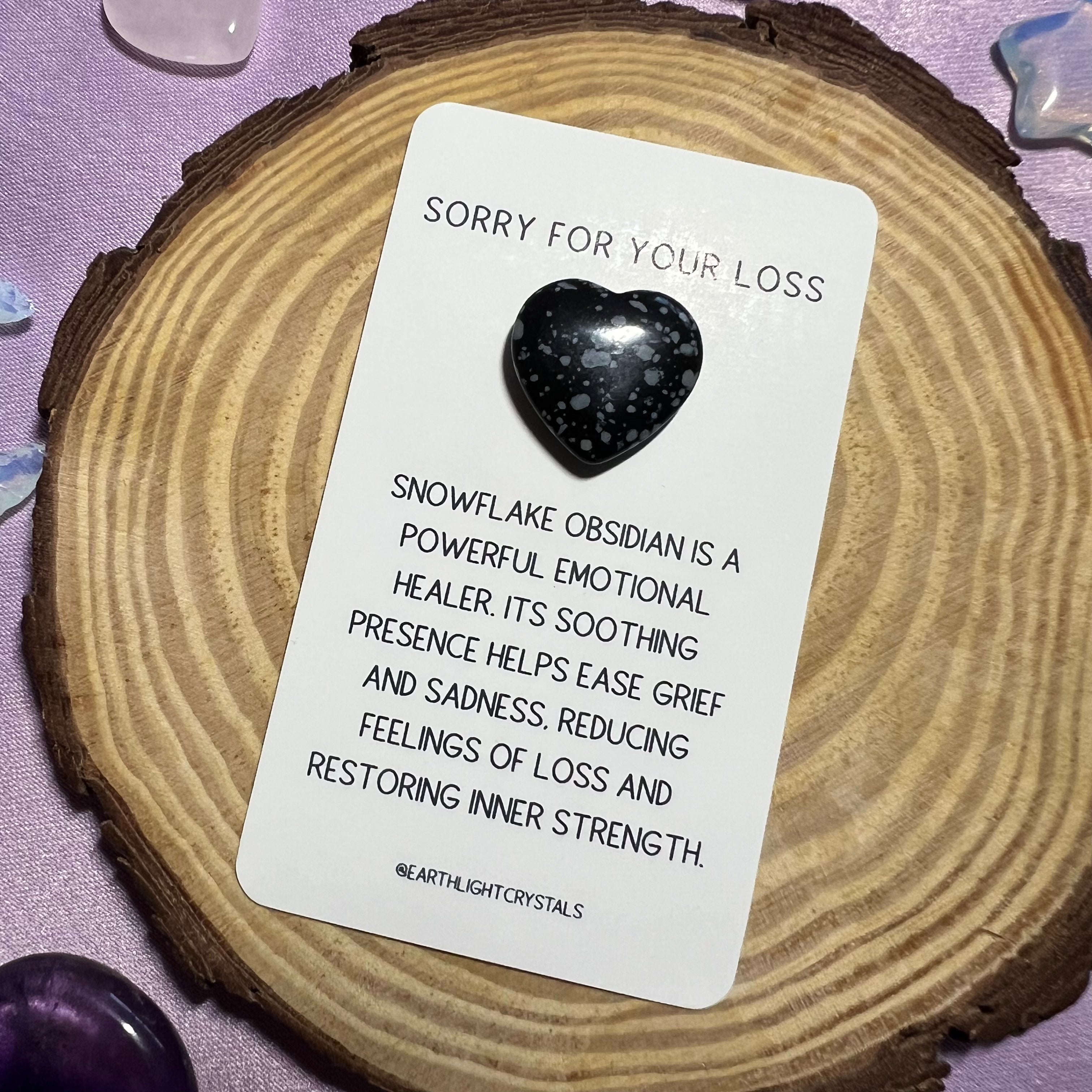 Snowflake Obsidian Crystal Heart Grief & Loss Keepsake Card