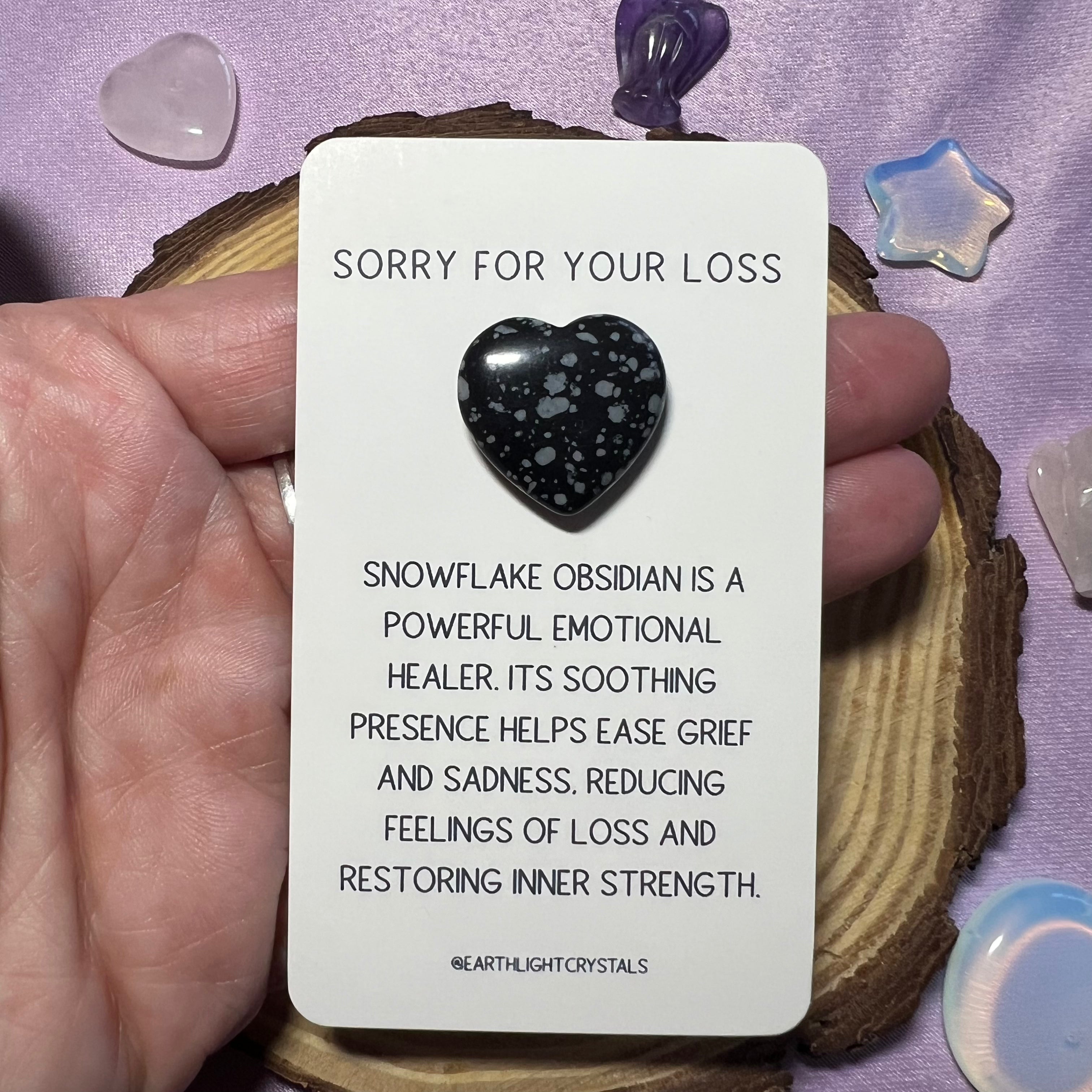 Snowflake Obsidian Crystal Heart Grief & Loss Keepsake Card