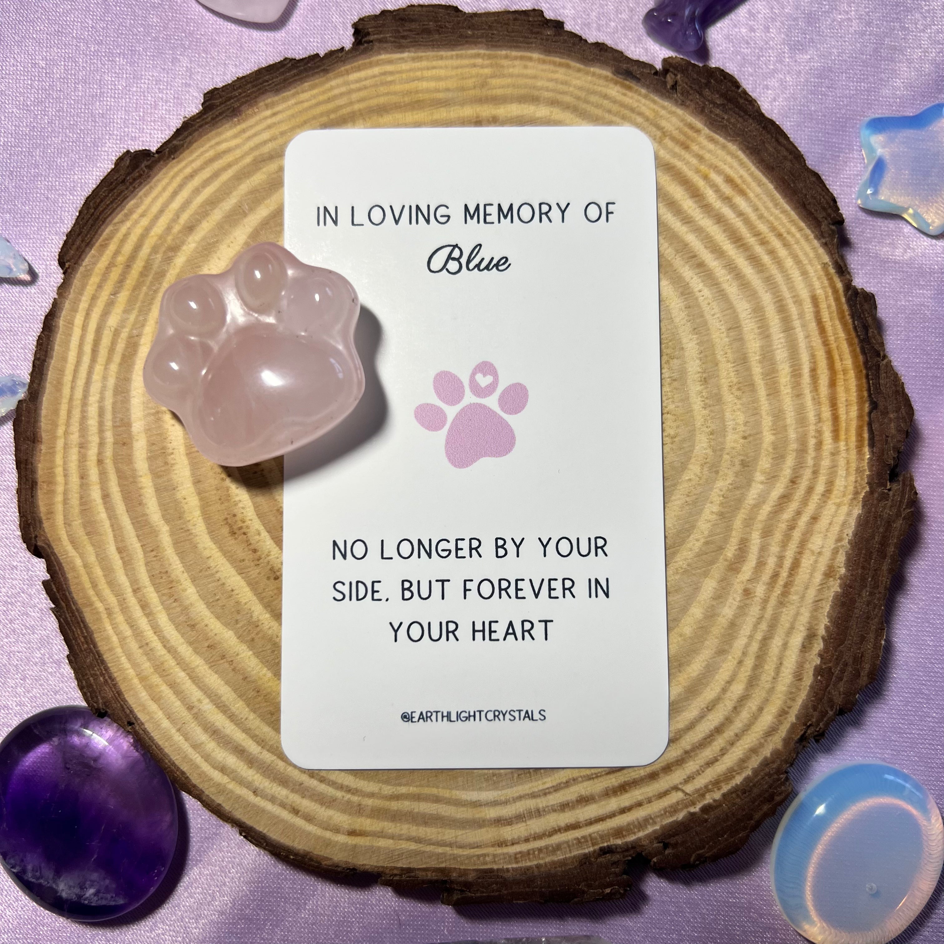 Rose Quartz Crystal Paw Personalised Pet Loss Keepsake Card