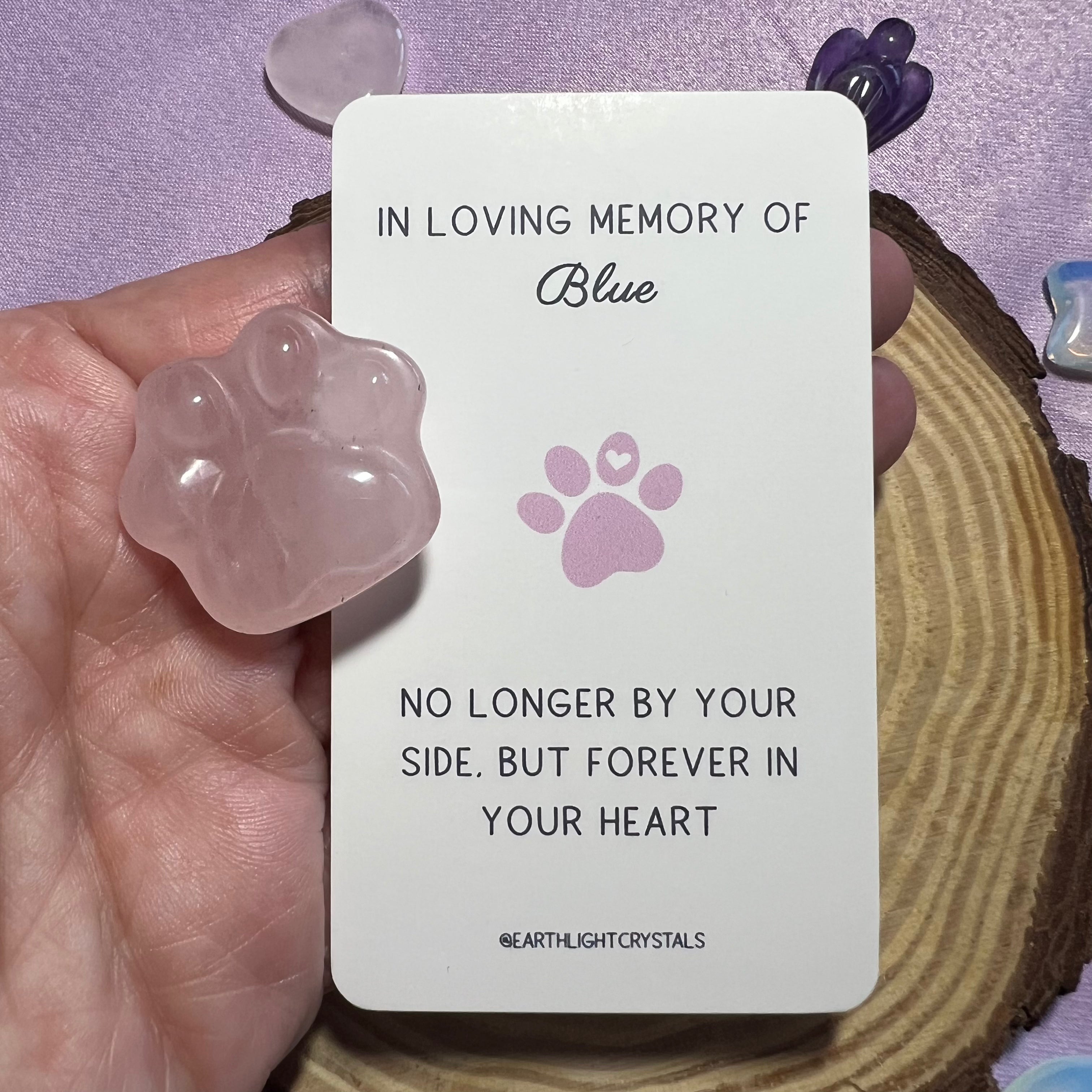 Rose Quartz Crystal Paw Personalised Pet Loss Keepsake Card