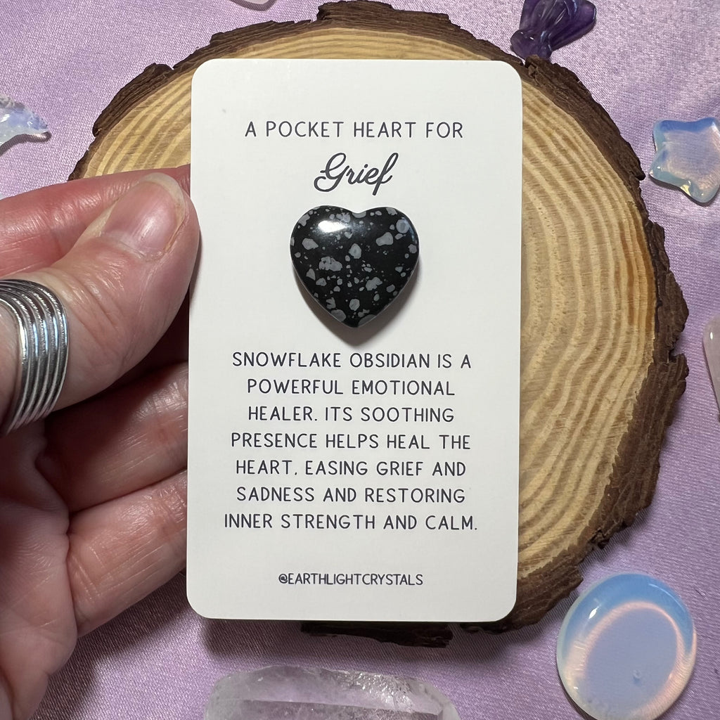 Snowflake Obsidian Pocket Crystal Heart Keepsake Card for Grief
