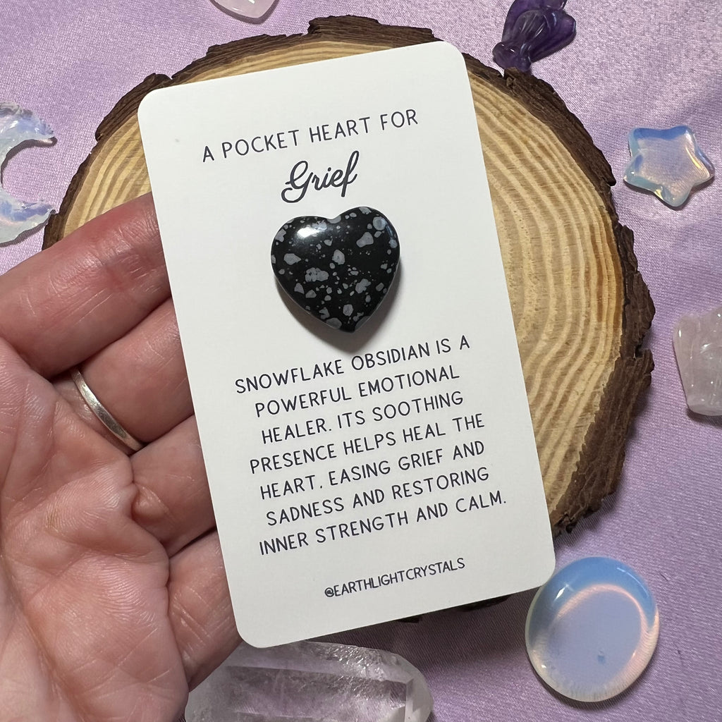 Snowflake Obsidian Pocket Crystal Heart Keepsake Card for Grief