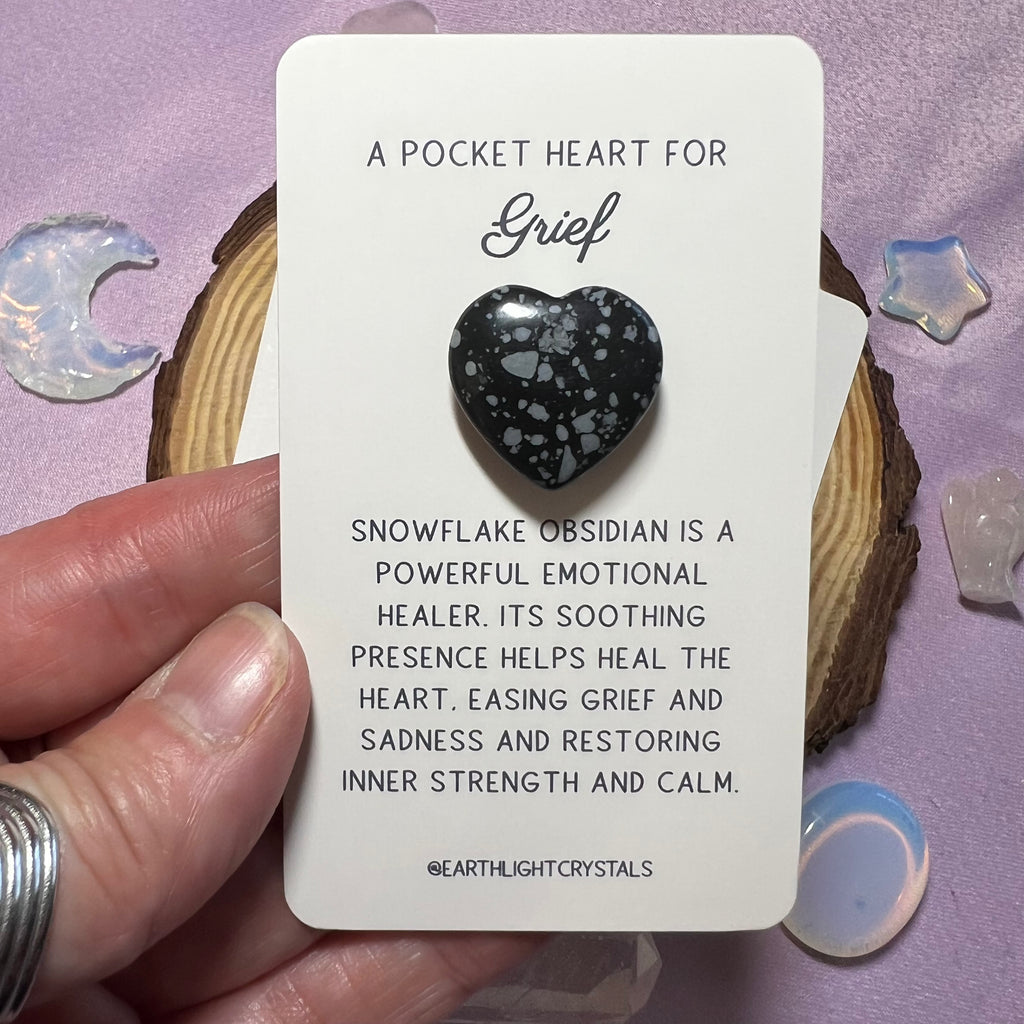 Snowflake Obsidian Pocket Crystal Heart Keepsake Card for Grief