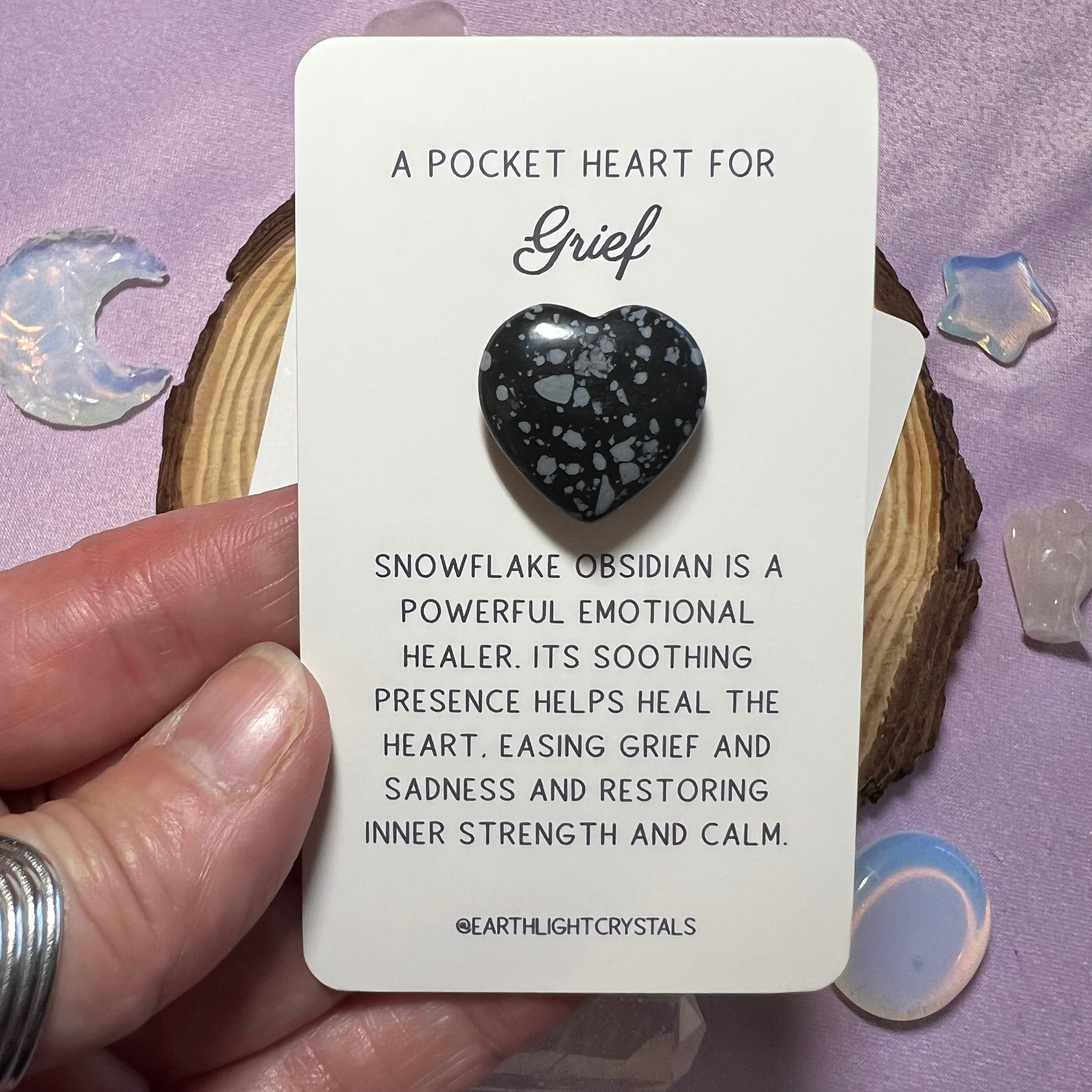 Snowflake Obsidian Pocket Crystal Heart Keepsake Card for Grief