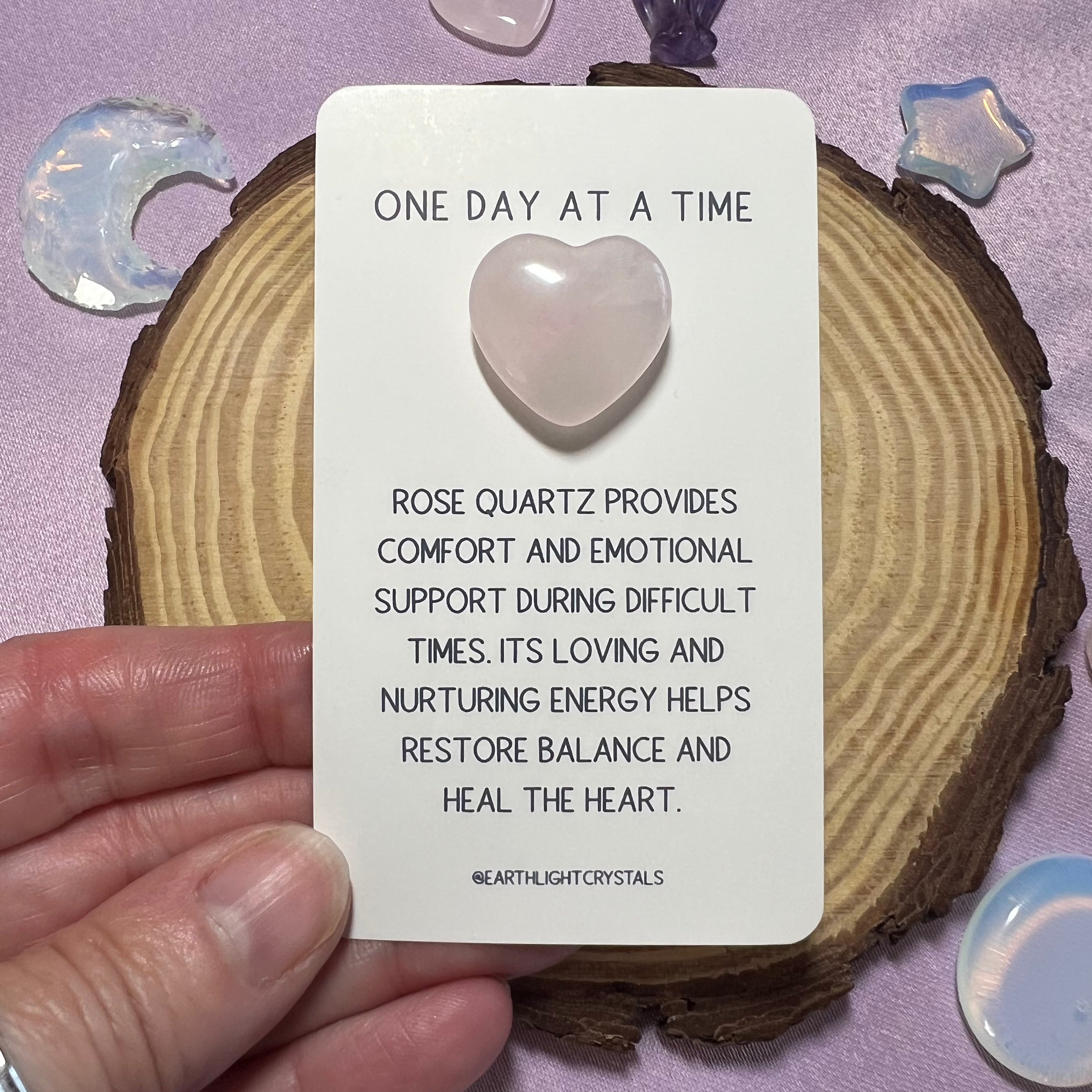 Rose Quartz Crystal Heart Grief & Loss Keepsake Card - One Day at a Time