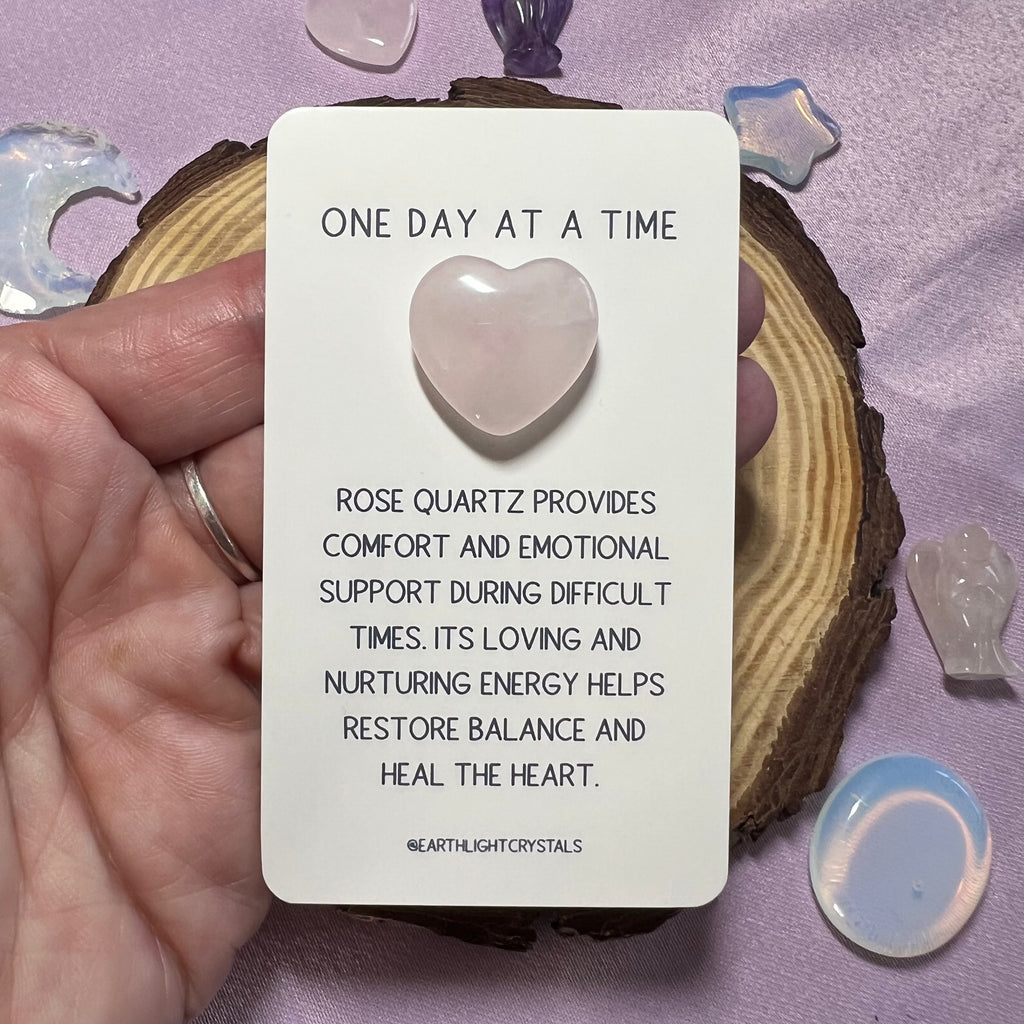 Rose Quartz Crystal Heart Grief & Loss Keepsake Card - One Day at a Time
